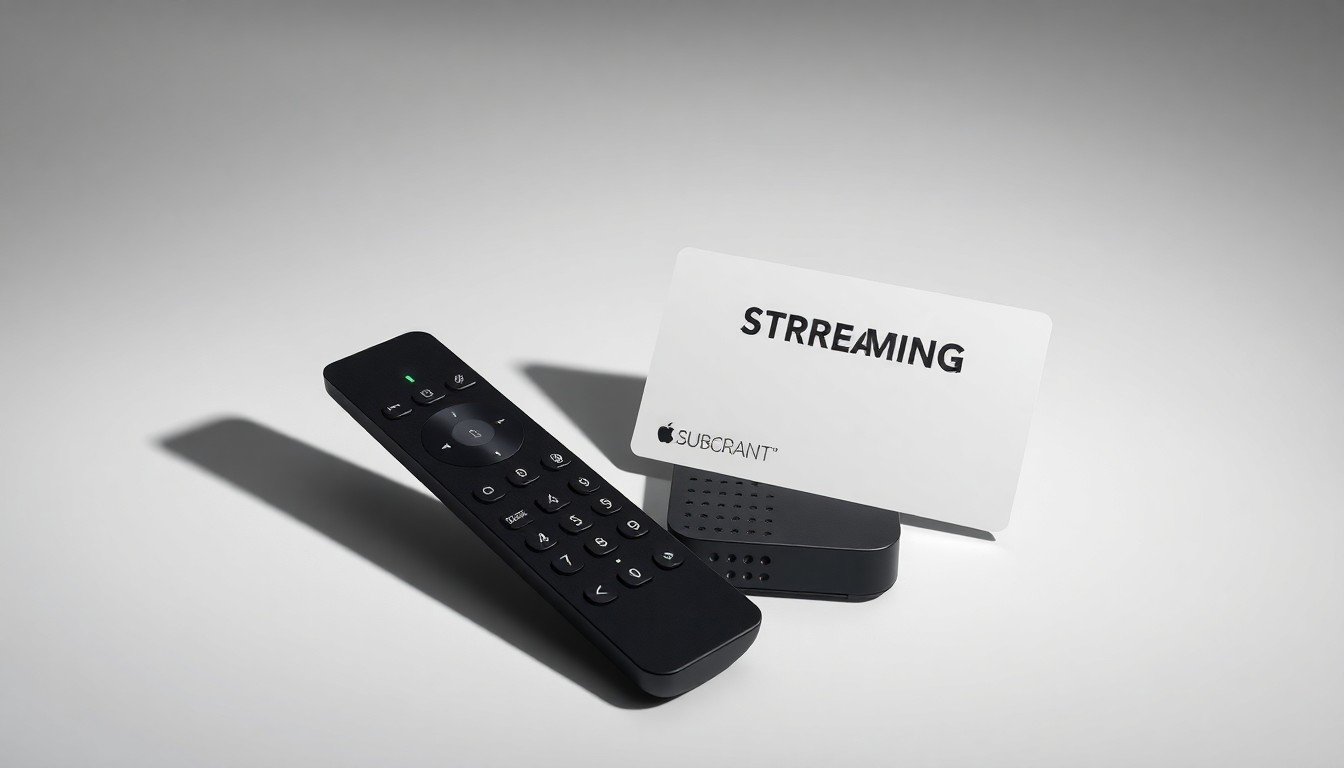 A minimalist, photorealistic studio still life featuring a sleek remote control, streaming device, and premium subscription card, symbolizing the technology and services that power Netflix's streaming platform.