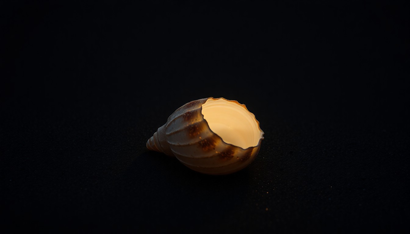 An extreme close-up photograph of a single weathered seashell washed up on a dark, sandy beach, lit by a harsh, direct camera flash, conceptually representing the mystery and investigation surrounding an unidentified body found on the shore.