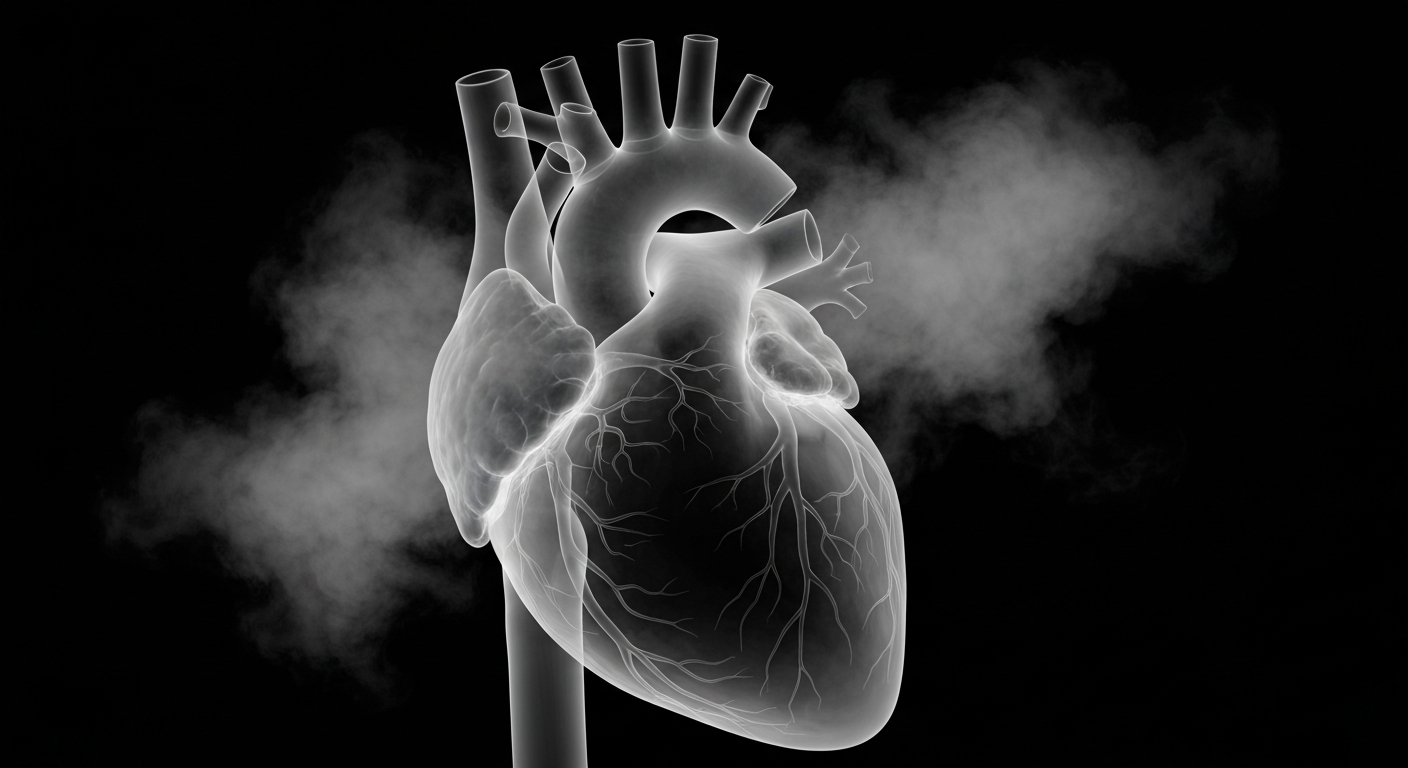 A translucent X-ray photograph showing the ghostly outline of a human heart surrounded by a wispy cloud of vapor, symbolizing the vape-induced damage to the organ.