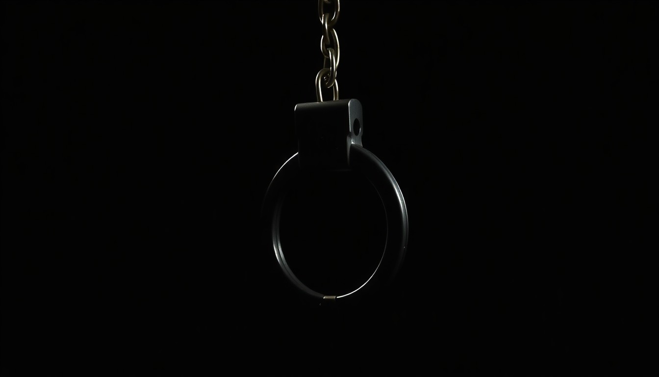 An extreme close-up of a metal handcuff, the harsh flash creating dramatic shadows and textures to convey a sense of law enforcement action against the homeless population.