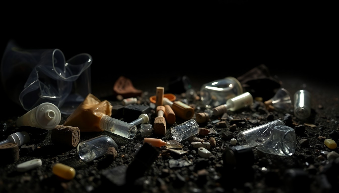 An extreme close-up photograph of discarded drug paraphernalia, broken glass, and other debris from a homeless encampment, captured with a harsh, direct camera flash against a pitch-black background, conveying a stark, gritty, and investigative aesthetic.