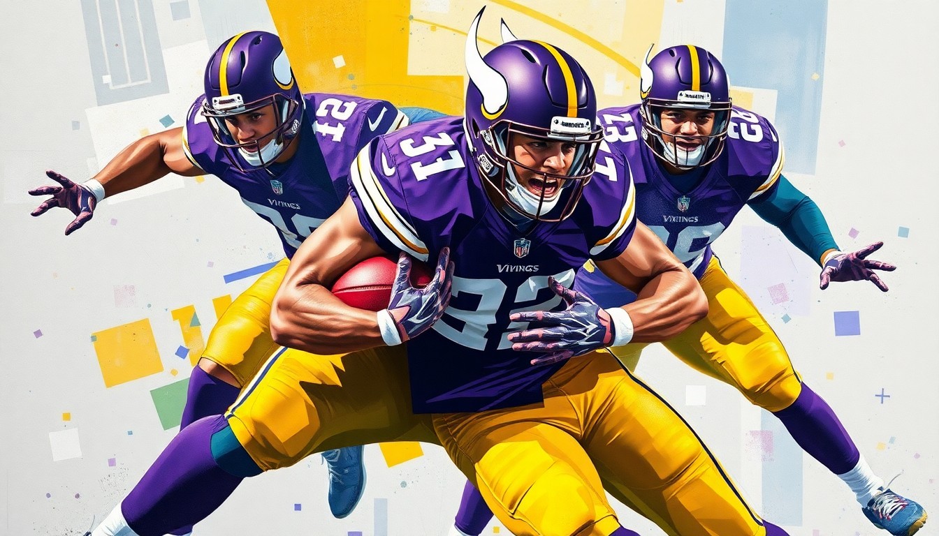 A fragmented, geometric painting depicting a Vikings linebacker making a tackle, the player's form broken down into sharp, overlapping planes of purple, gold, and other vibrant colors.