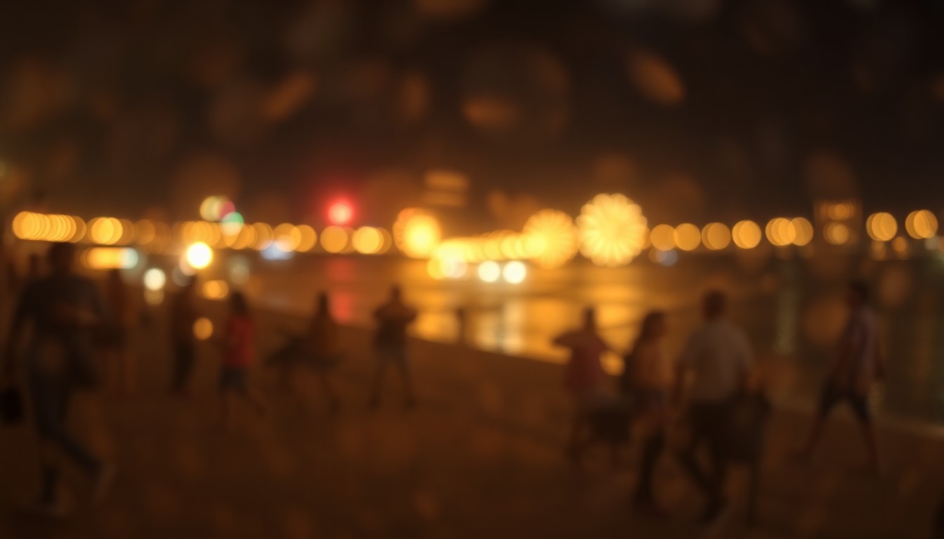 An abstract, impressionistic scene of blurred lights and colors, evoking the festive atmosphere of a coastal community event.