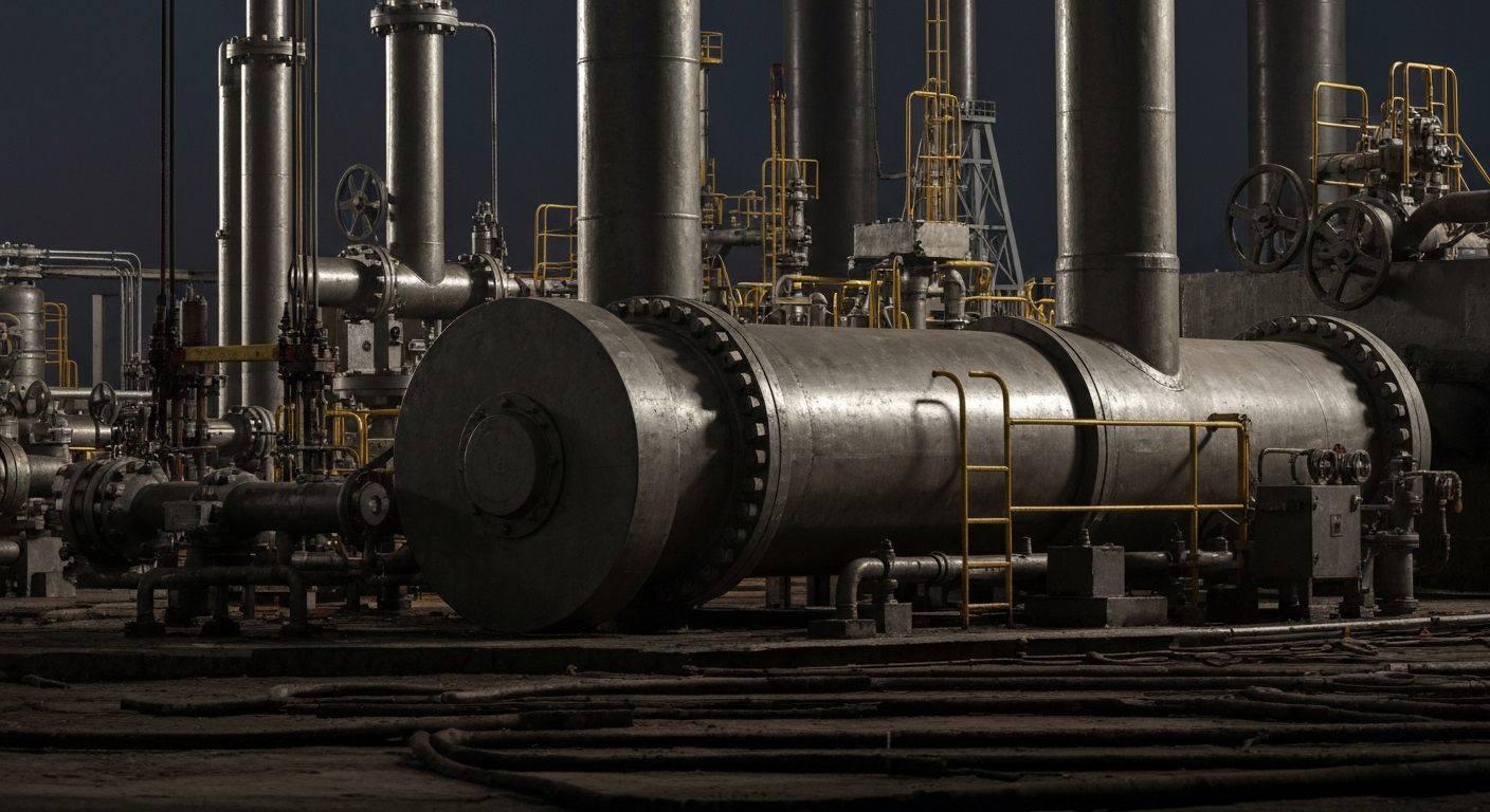An extreme close-up of industrial oil and gas equipment, such as valves, pipes, and gauges, conveying the tangible, mechanical nature of the energy industry's financial infrastructure.