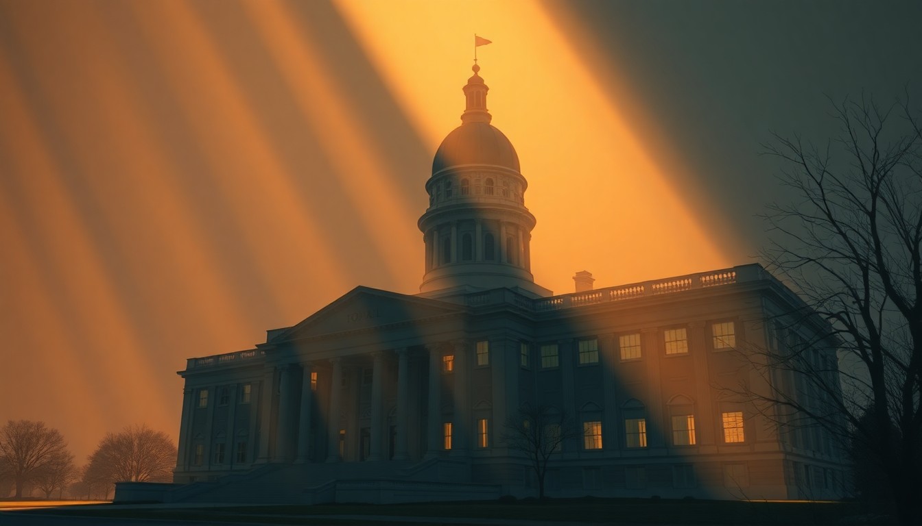 A serene, cinematic painting of an Iowa government building in warm, golden light, capturing the quiet contemplation surrounding the state's property tax policy discussions.