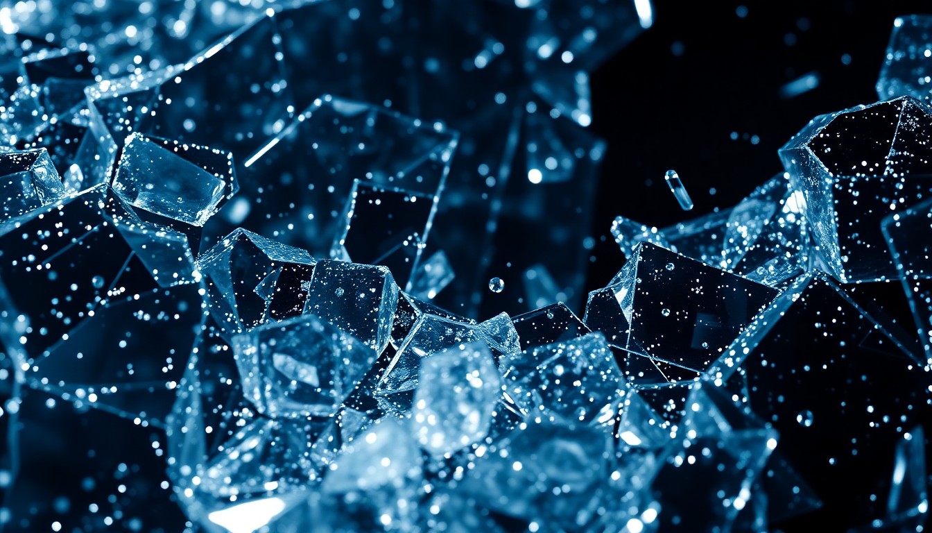 An extreme close-up of shattered, glittering glass textures illuminated by dramatic studio lighting, conceptually representing the visual spectacle of the new 'Star Wars' film.