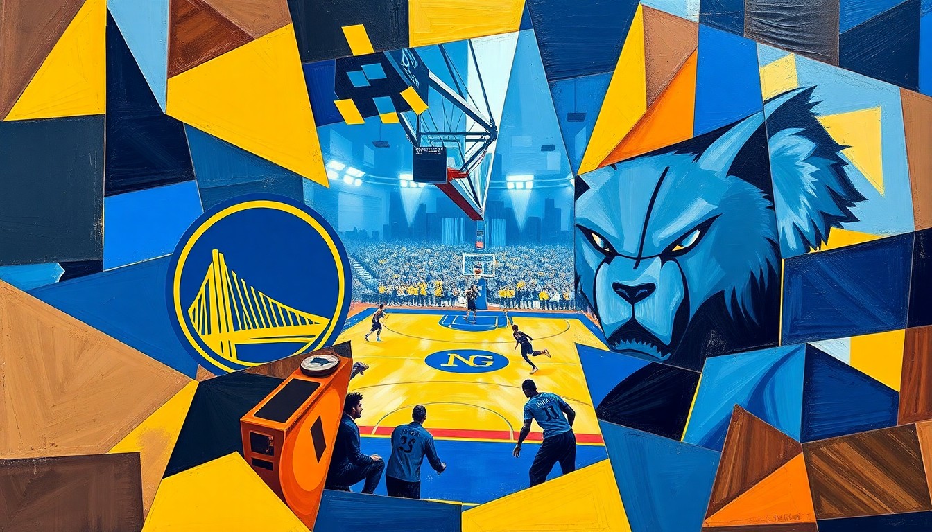 An abstract, cubist-style painting featuring overlapping geometric shapes and planes in the colors of the Golden State Warriors and Memphis Grizzlies, capturing the intensity and drama of their heated basketball rivalry.