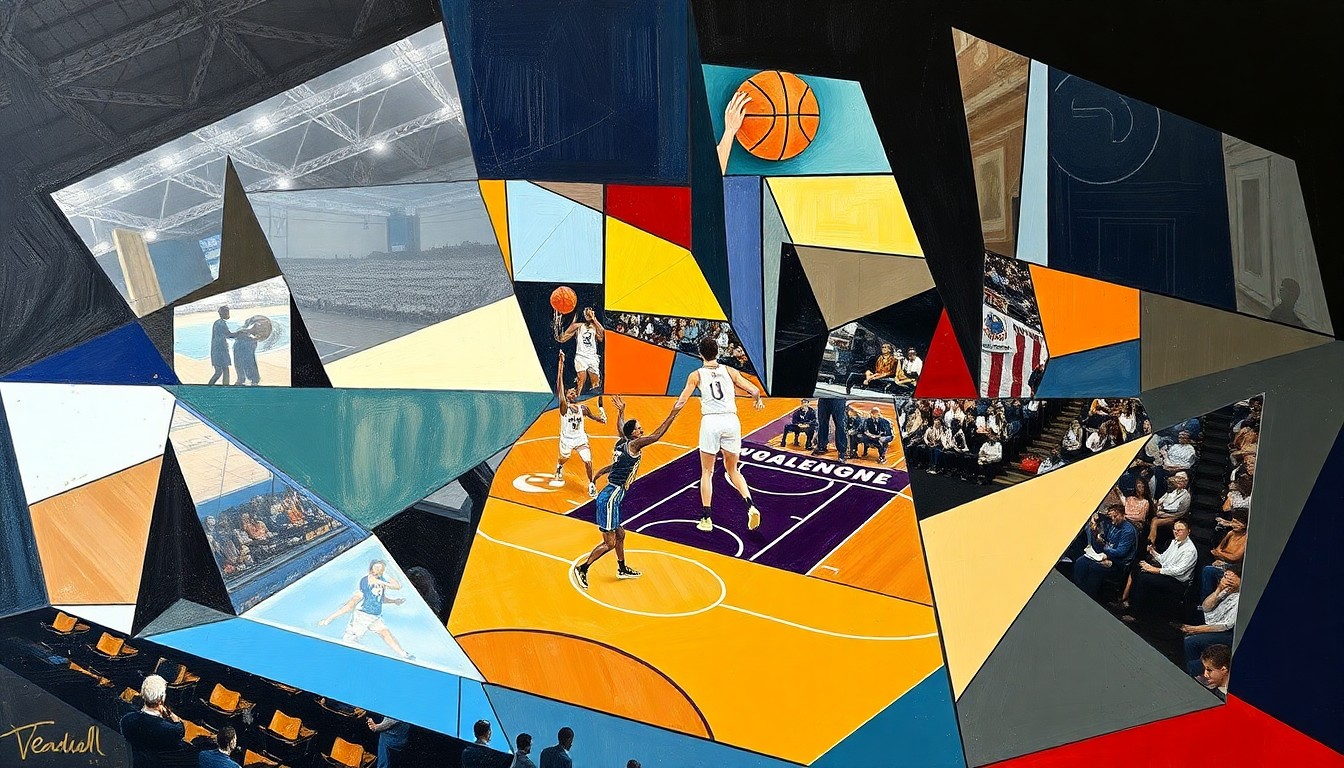 A cubist, geometric painting depicting a WNBA basketball game, with the players and court broken down into sharp, overlapping planes of color and shape, conveying the dynamic energy and competitive spirit of the sport.