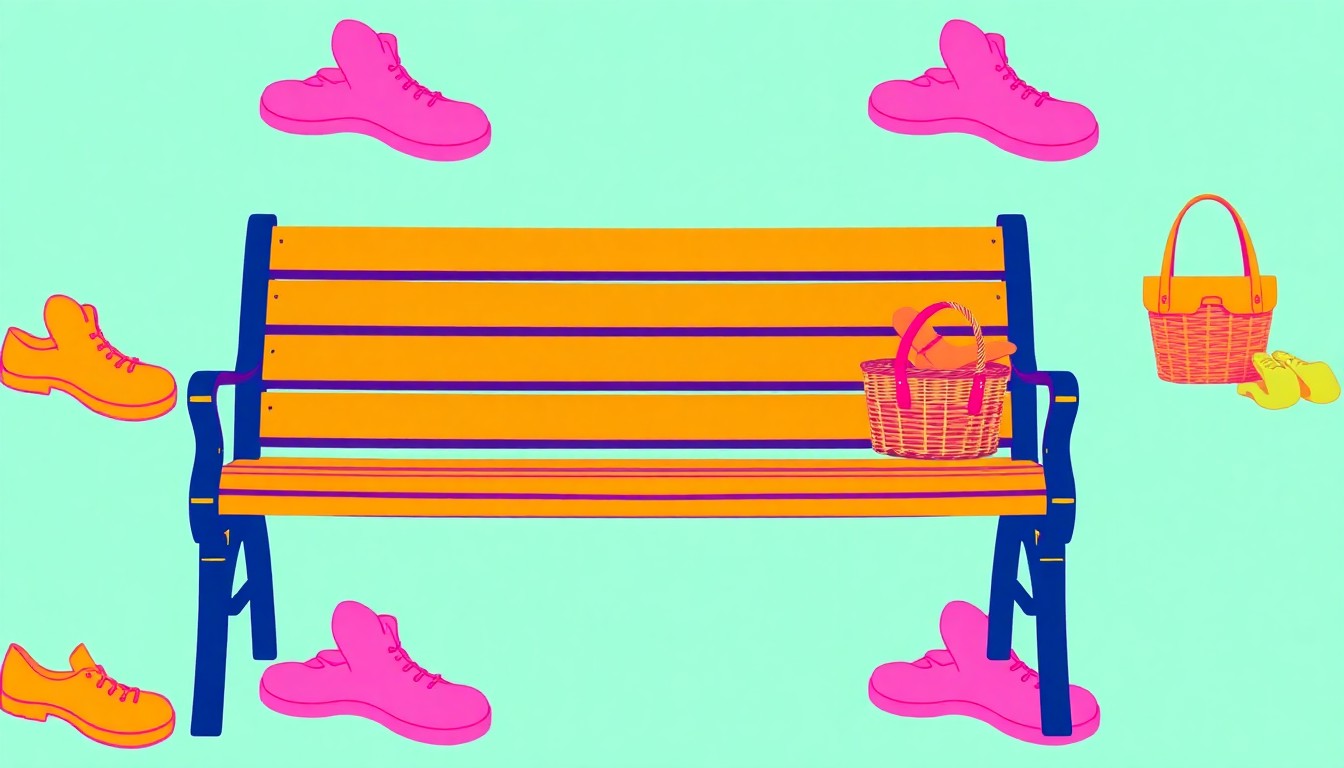 A brightly colored, high-contrast silkscreen print of a park bench repeated in a grid pattern, conceptually representing the outdoor recreation and community engagement found in Georgia's top retirement destinations.