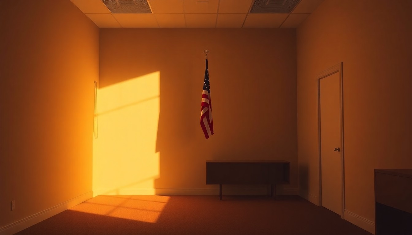 A dimly lit, cinematic painting of an empty political office space, with warm sunlight streaming in through the windows and casting deep shadows across the room. A single American flag hangs limply in the corner, conveying a sense of solitude and contemplation.