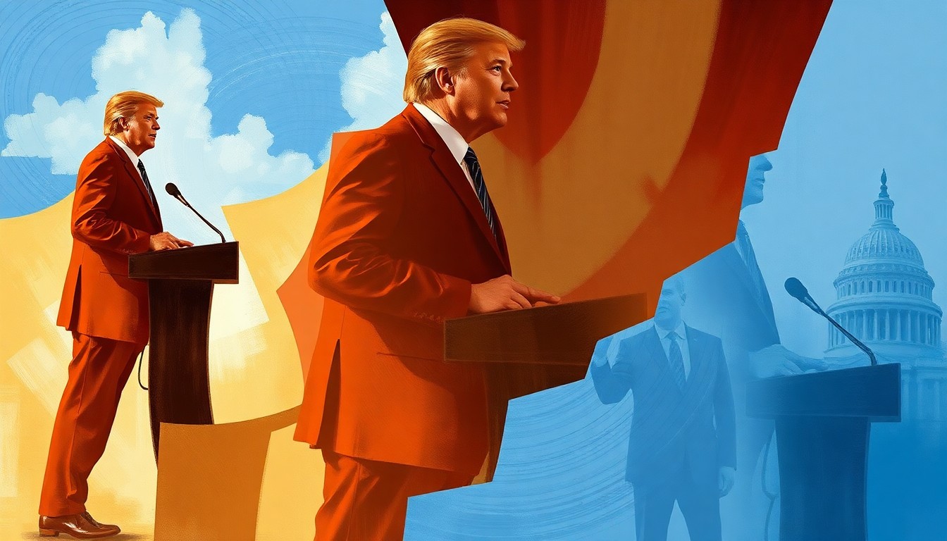 A dynamic, abstract painting of a person at a podium, their form repeated in overlapping, geometric waves of warm and cool colors, conceptually representing the fractured nature of the current political landscape.
