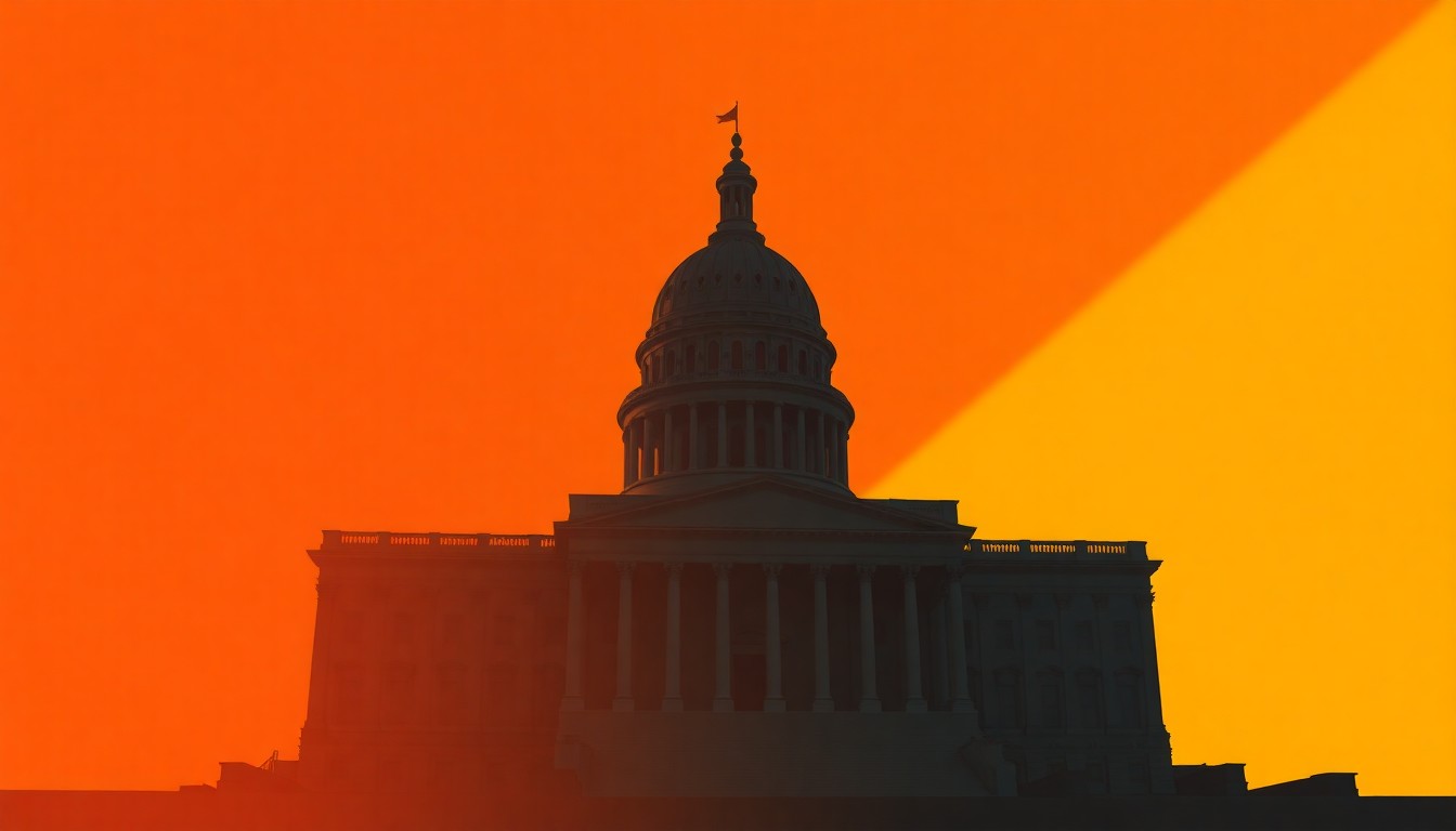 A quiet, cinematic painting of the New York State Capitol building in warm, golden sunlight, with deep shadows across the facade, conveying a sense of political tension and closed-door negotiations around the state budget.