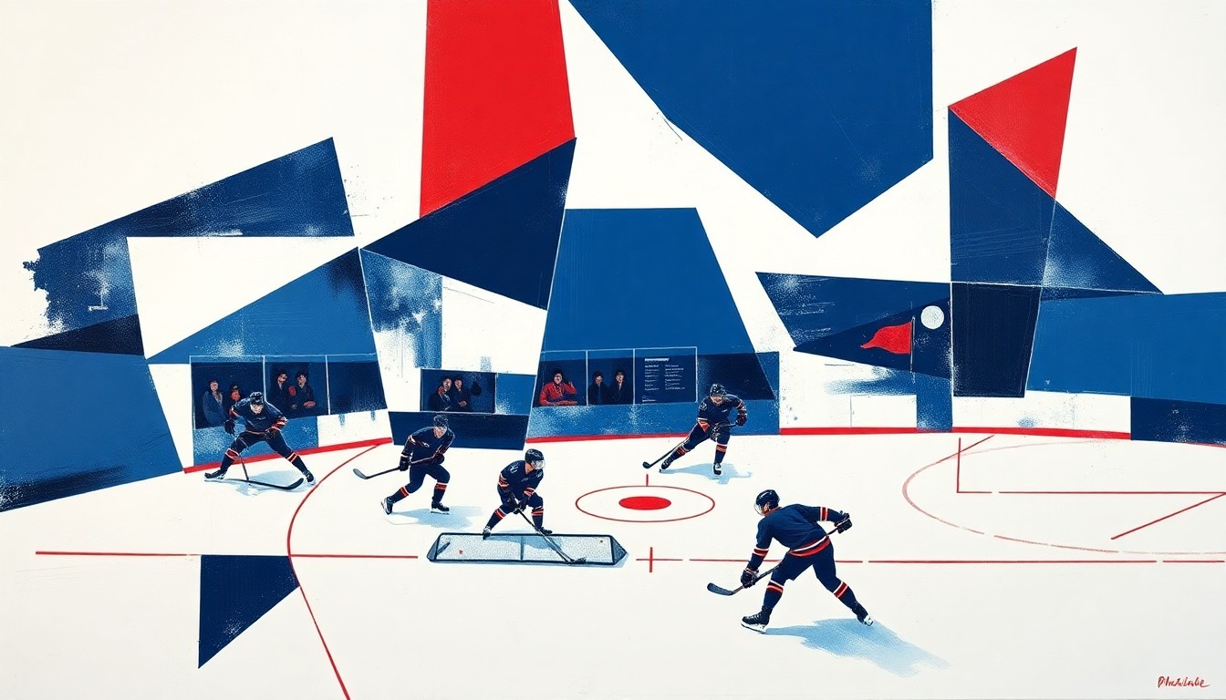 A cubist-style painting depicting a hockey game broken down into overlapping geometric shapes and planes in navy blue, red, and white, conveying the analytical and strategic approach Mehta will bring to the Devils' front office.