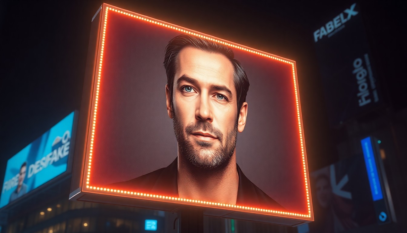 A highly detailed 3D illustration of a glowing, neon-lit digital billboard displaying a photorealistic deepfake image of a man's face, conceptually representing the use of AI to create fraudulent advertisements.