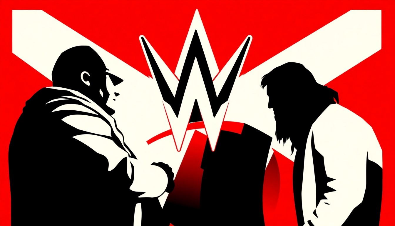 A bold, abstract composition of jagged, geometric shapes in high-contrast red and black, conceptually representing the changing of the guard within the WWE organization.