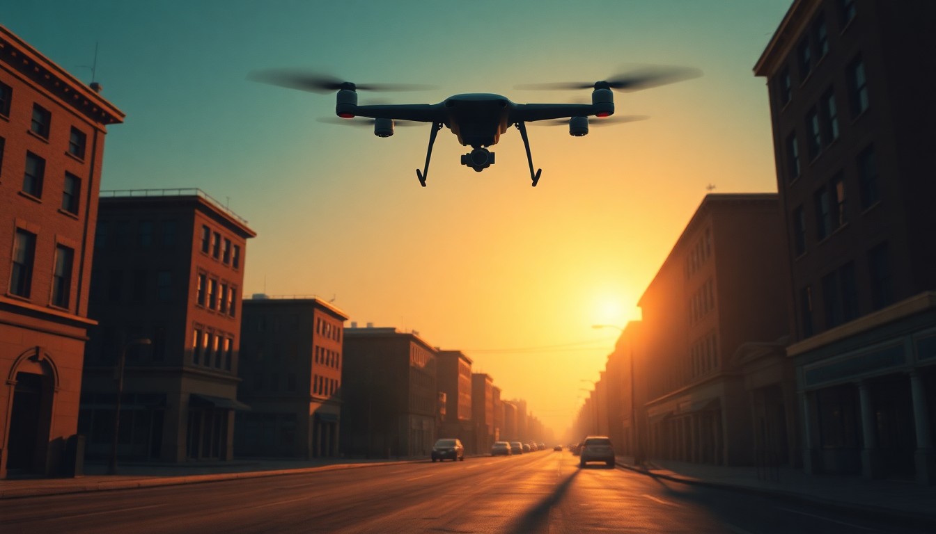 A photorealistic oil painting depicting a military drone hovering over an empty urban street, with warm sunlight and deep shadows creating a sense of quiet contemplation.