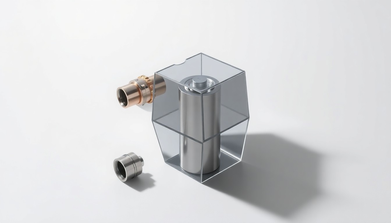 A photorealistic studio still-life photograph of a polished, geometric water filtration system component made of stainless steel, glass, and copper, arranged elegantly on a clean, monochromatic background and dramatically lit to convey the technical sophistication and environmental sustainability of the Bull Run water filtration project.