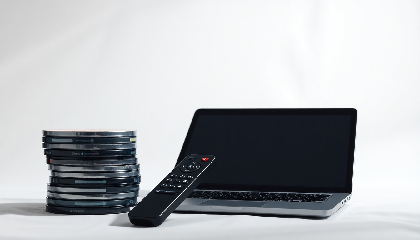 A photorealistic studio still life featuring a stack of DVDs, a streaming remote control, and a laptop computer arranged on a clean, white background, symbolizing the evolution of home entertainment from physical media to digital streaming.