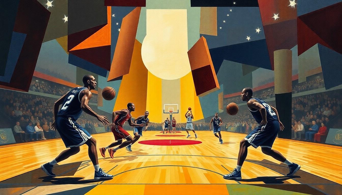 A cubist, geometric painting depicting a basketball game in abstract, overlapping shapes and planes of color, with the players' forms deconstructed into dynamic, angular forms.