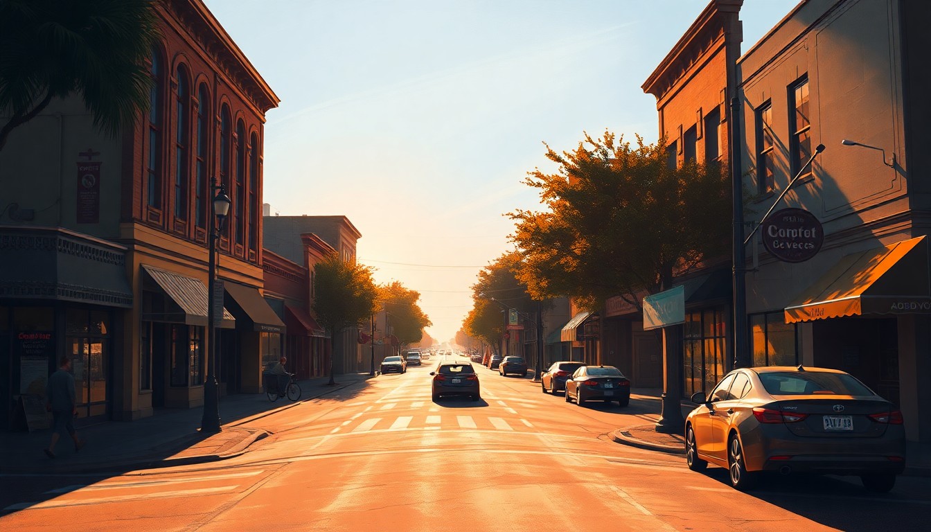 A serene, cinematic painting of a downtown Apopka street corner, with warm sunlight and deep shadows creating a nostalgic, transitional mood.