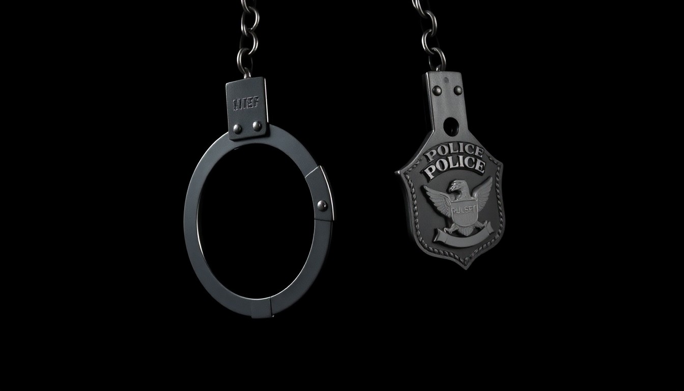 An extreme close-up photograph of a pair of handcuffs or a police badge against a pitch-black background, lit by a harsh, direct camera flash, conceptually representing the criminal justice system's approach to mental health cases.