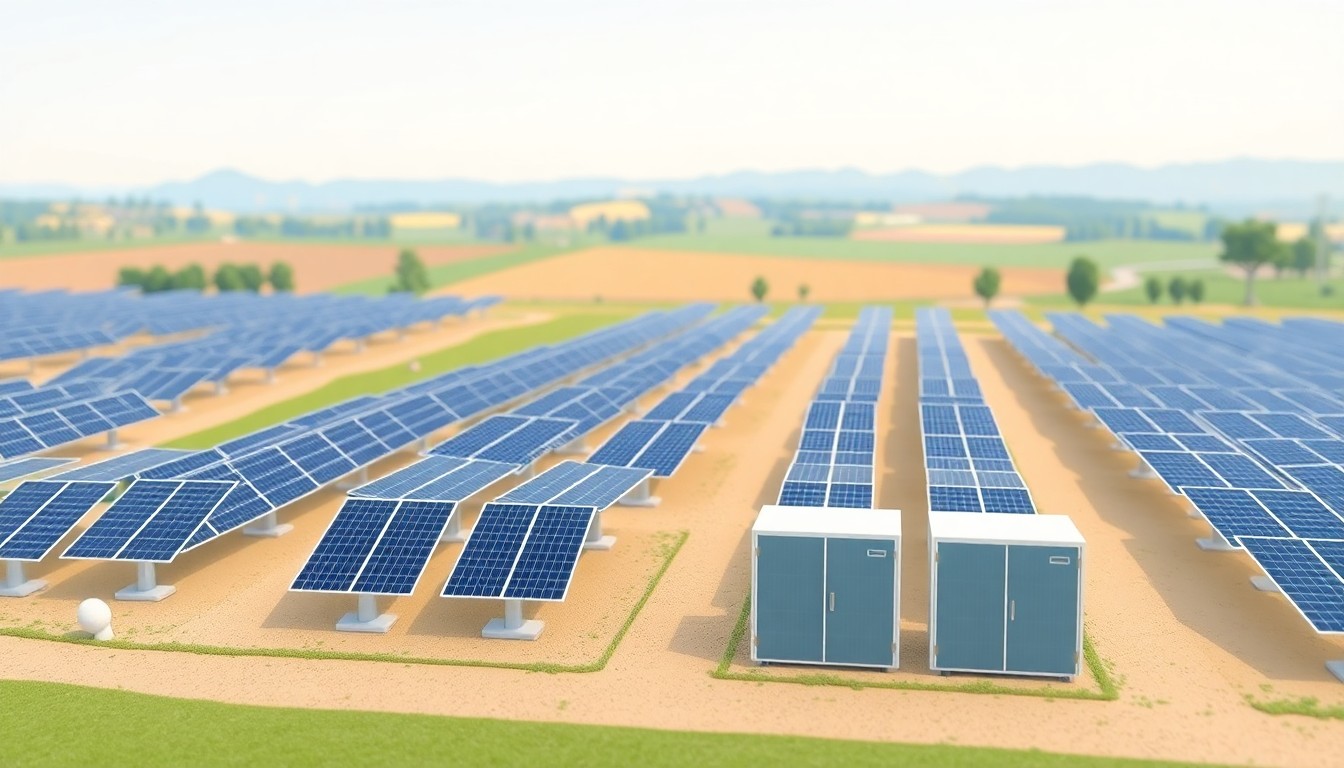 A miniature 3D diorama illustration showing rows of solar panels, battery storage units, and a rural landscape, representing a new renewable energy project approved for McLean County.