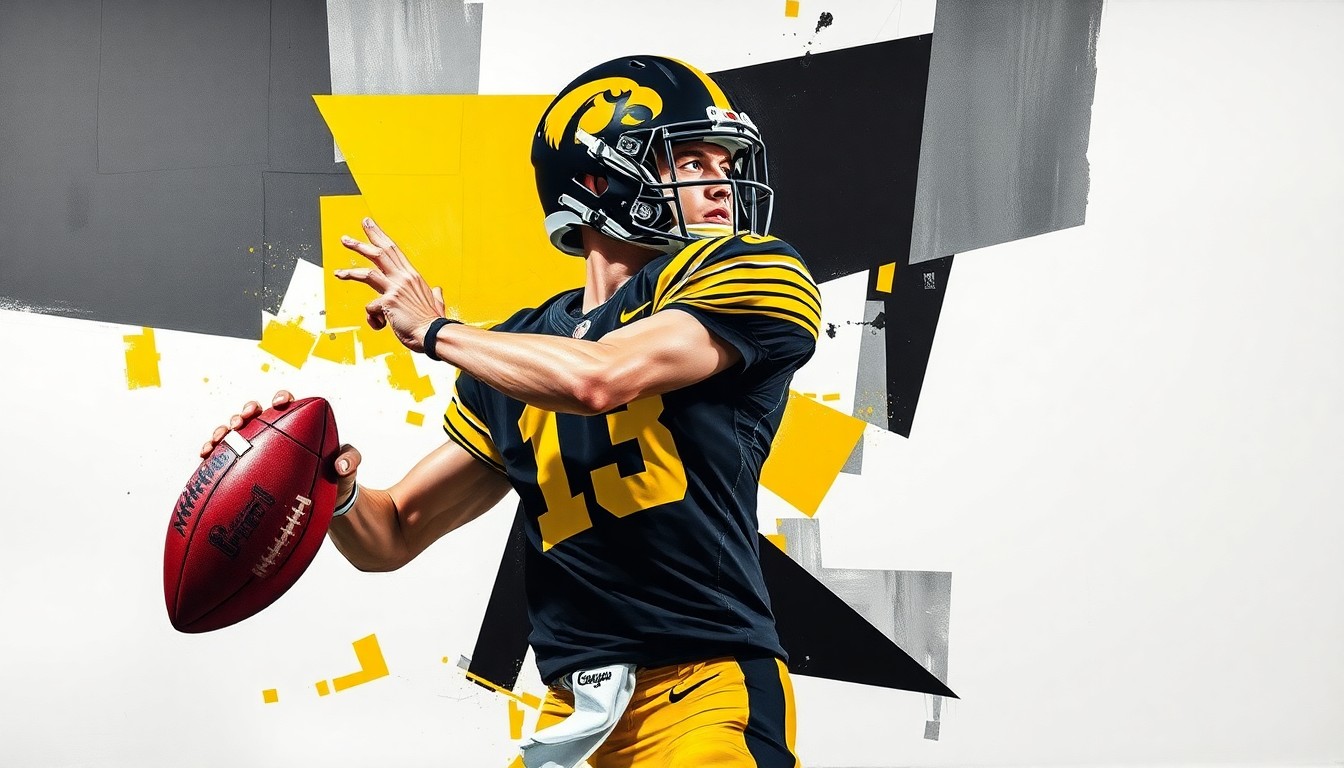 A fragmented, abstract painting depicting an Iowa football quarterback in the midst of a passing play, with sharp, overlapping shapes and planes in the team's colors of black, gold, and white.