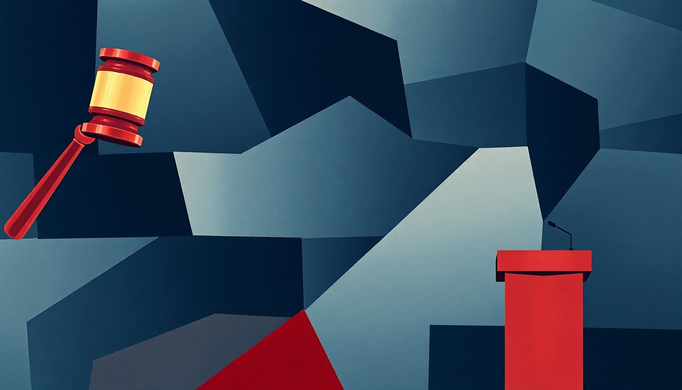 A highly textured, fragmented painting depicting the symbols of law and politics - a gavel, scales of justice, and a podium - in a chaotic, overlapping composition of dark blue, grey, and red geometric shapes, conveying the escalating tensions and complexities of the ongoing dispute.