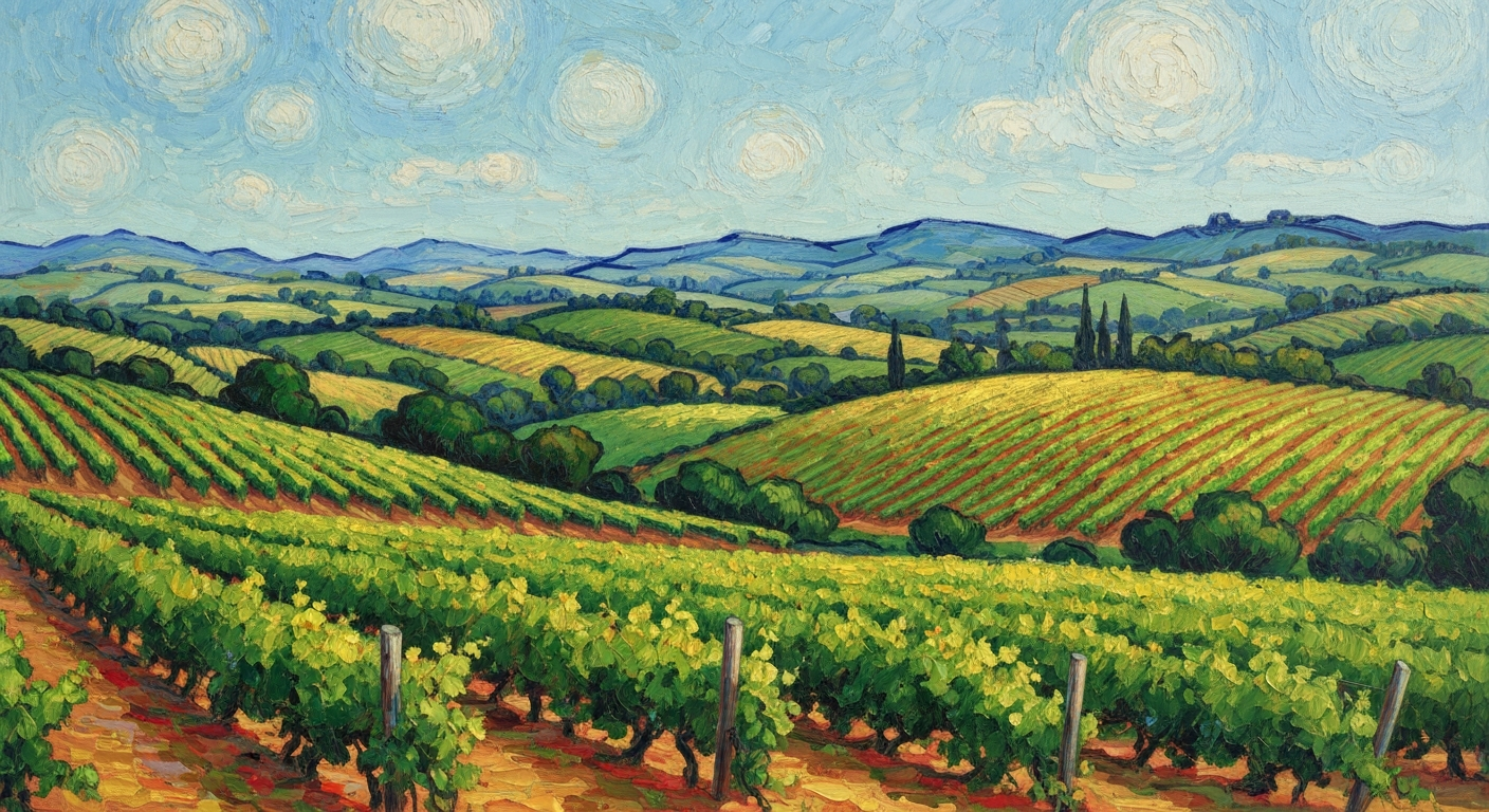 A heavily textured oil painting in the style of Vincent Van Gogh, depicting a rolling, lush vineyard landscape in warm, vibrant colors, conceptually representing Napa County's efforts to build global partnerships in the wine industry.