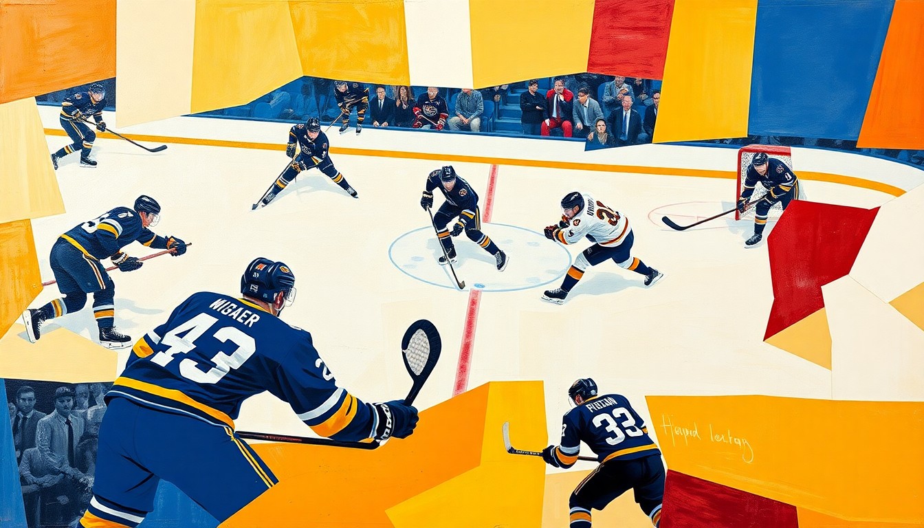 A cubist, geometric painting depicting the chaotic action of a hockey game, with players' bodies and equipment fractured into overlapping planes of blue and gold, the official colors of the Buffalo Sabres.