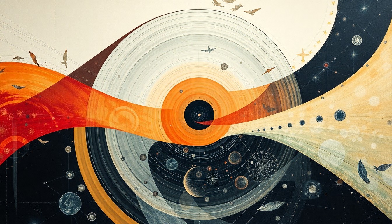 A highly structured abstract painting in soft shades of blue, green, and purple, featuring sweeping geometric arcs, concentric circles, and precise botanical spirals, conveying the structural order and unseen forces of experimental aerospace research.