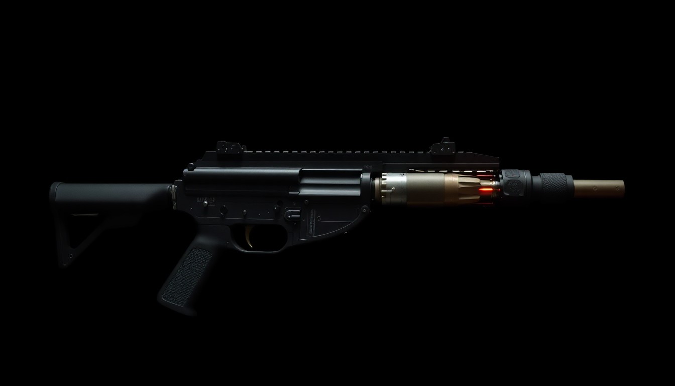 An extreme close-up photograph of a disassembled ghost gun, its metal components and mechanisms sharply illuminated by a harsh, direct camera flash against a pitch-black background, creating a stark, gritty, investigative aesthetic.