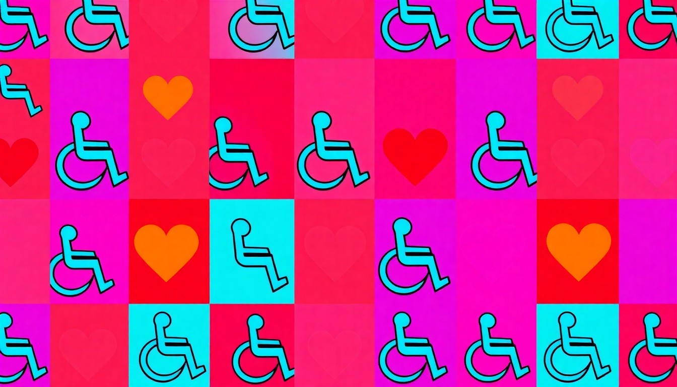A bold, colorful silkscreen print featuring a stylized wheelchair icon repeated in a grid pattern, representing the vibrant and innovative approach to senior care at Cedar Community.