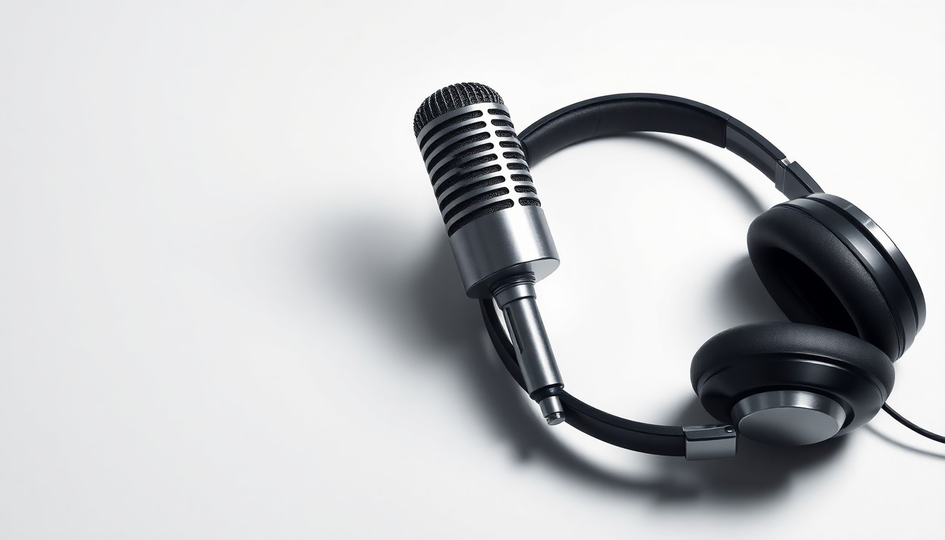 A high-end, photorealistic studio still-life photograph featuring a sleek, modern microphone and a pair of premium headphones arranged elegantly on a clean, white seamless background, conceptually representing the power and influence of business media and audio content.