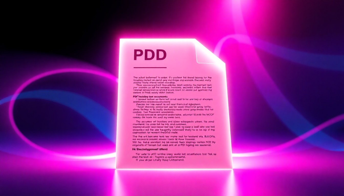 A highly detailed, glowing 3D illustration of a PDF document with beams of neon cyan and magenta light emanating from the edges, conceptually representing the advanced text recognition and editing capabilities of the Tenorshare PDNob 2.0 software.