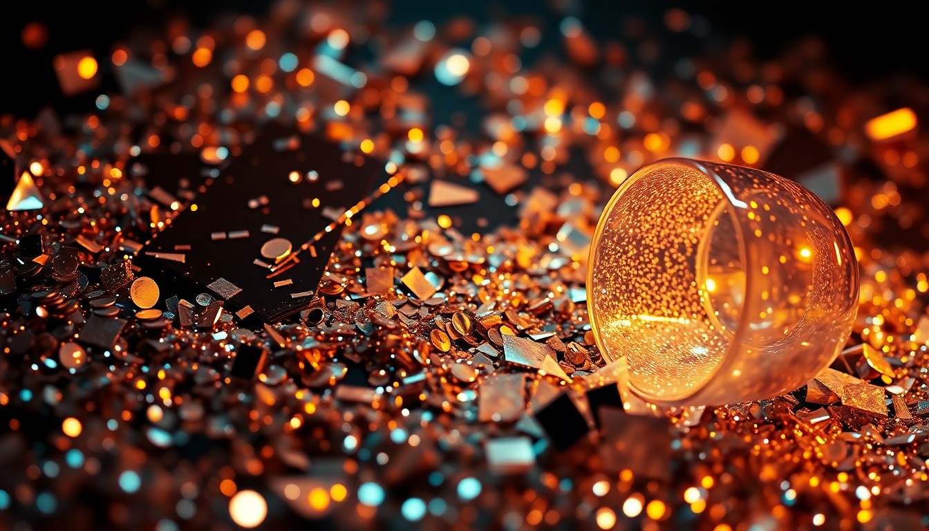 An abstract close-up photograph of shimmering sequins and shards of reflective glass, capturing the high-fashion glamour and intrigue of a cabaret performance.