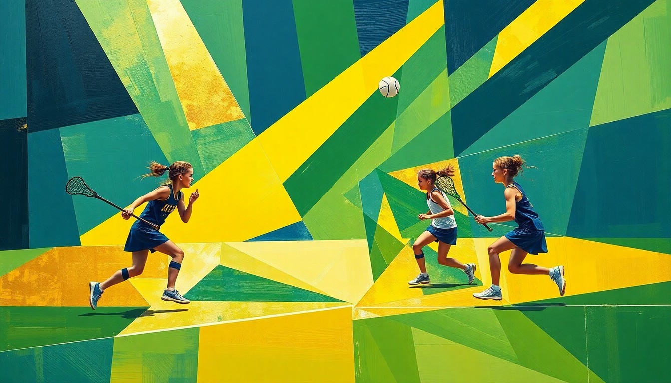 A fractured, geometric painting depicting the fluid movements and passing of a girls' lacrosse game, with intersecting lines and shapes in navy, green, and gold representing the players and ball.