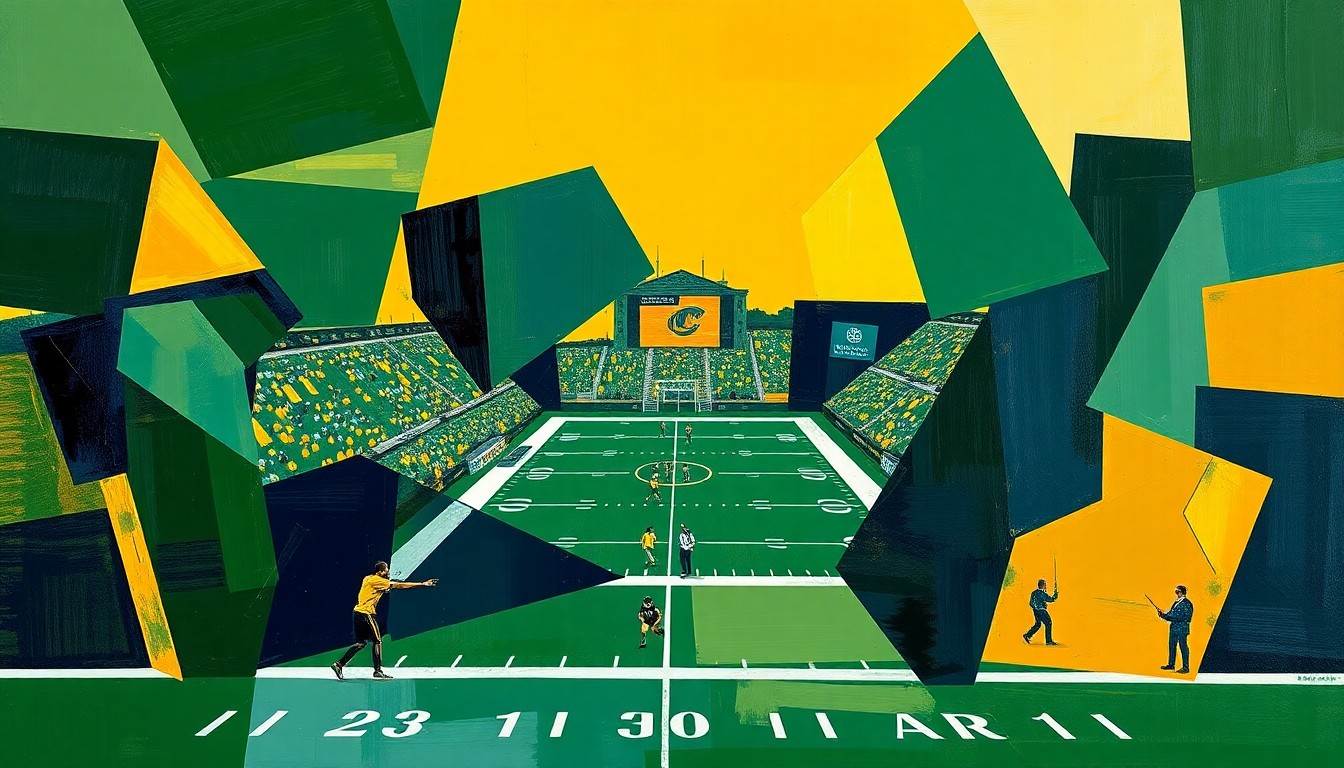 A cubist, geometric painting depicting a Colorado Buffaloes football game, with the players and field broken down into sharp, overlapping shapes in a palette of dark green, gold, and navy blue, conveying the fractured nature of the team's 2025 season.