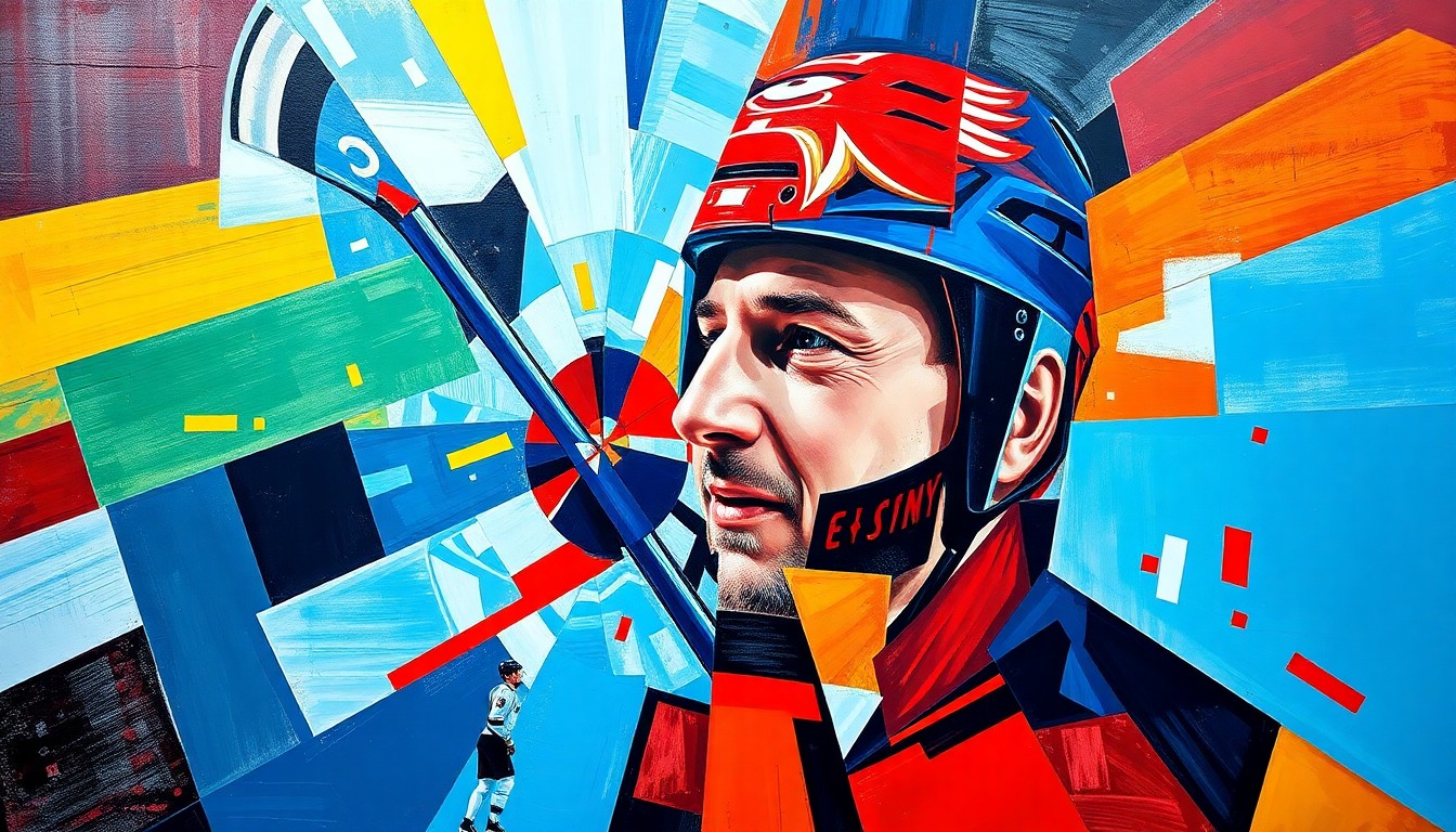 A cubist, fragmented painting depicting the silhouette of a hockey player in motion, with sharp, overlapping planes of color and form representing the various accomplishments and highlights of Alex Ovechkin's storied NHL career.