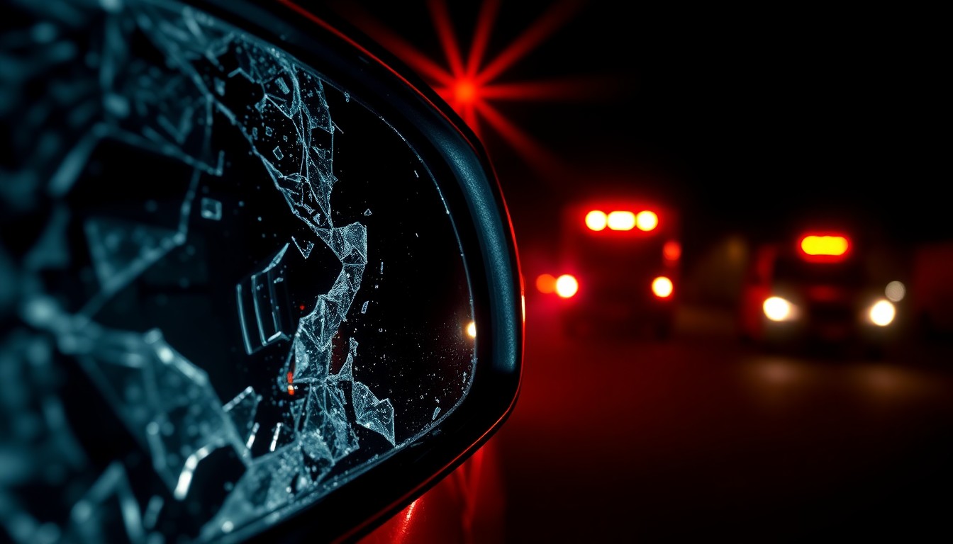An extreme close-up photograph of a shattered car side mirror reflecting the flashing lights of emergency vehicles, captured in harsh, direct camera flash against a pitch-black background, conceptually illustrating the aftermath of a deadly hit-and-run incident.