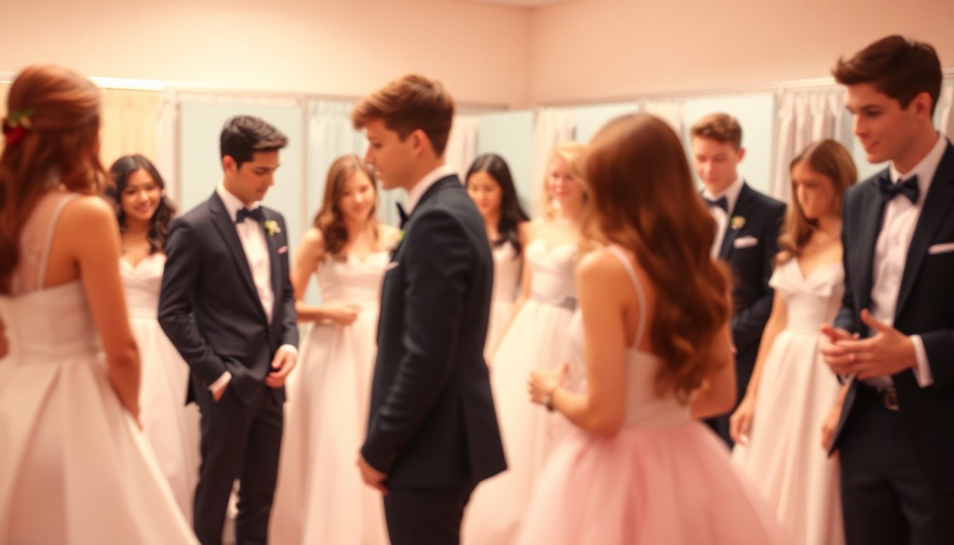 A dreamy, impressionistic photograph showing the blurred silhouettes of high school students trying on formal wear, conveying the excitement and joy of preparing for prom.