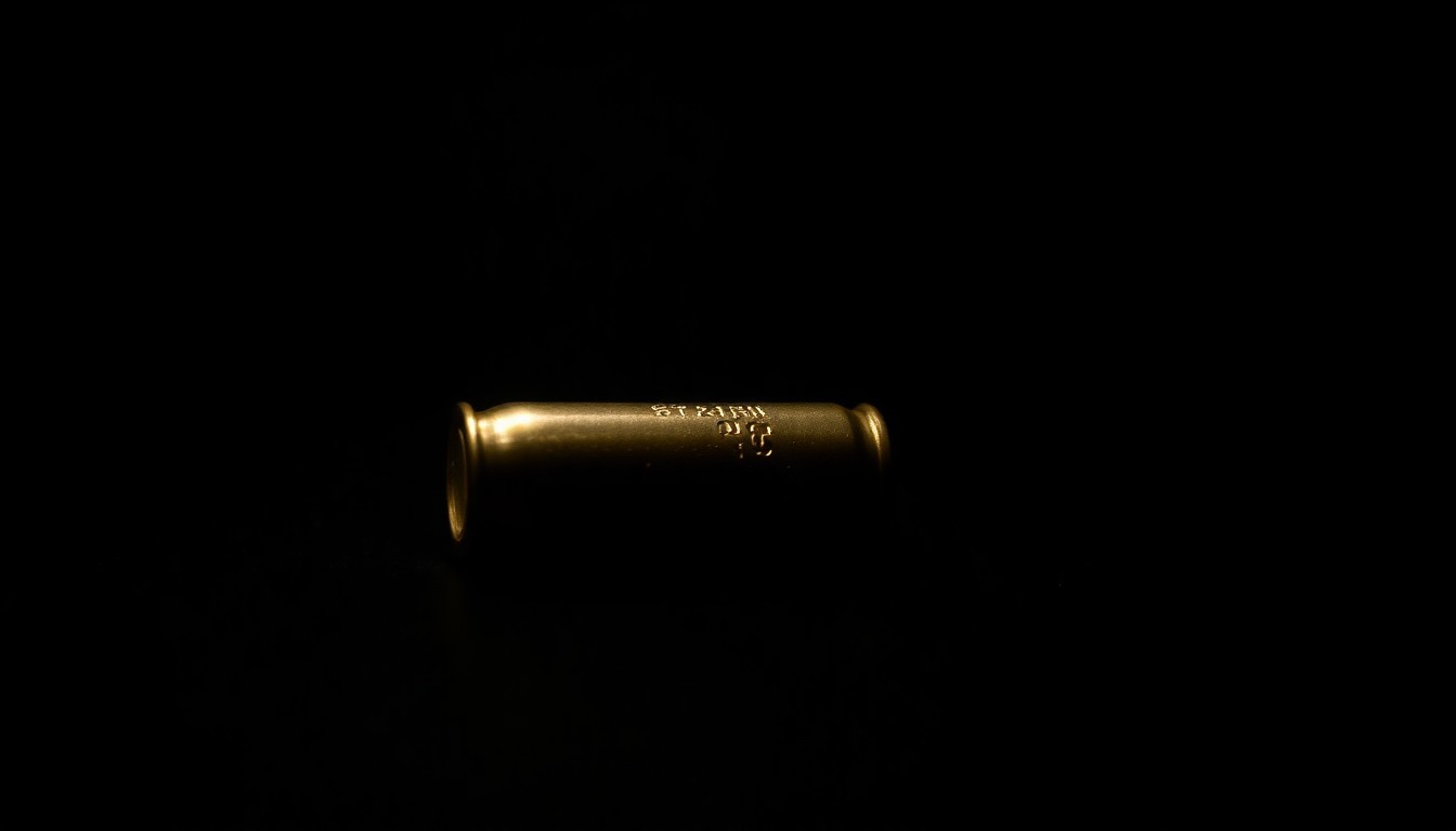 An extreme close-up photograph of a single bullet casing on a dark surface, lit by a harsh, direct camera flash, conceptually illustrating the deadly aftermath of a murder-suicide.