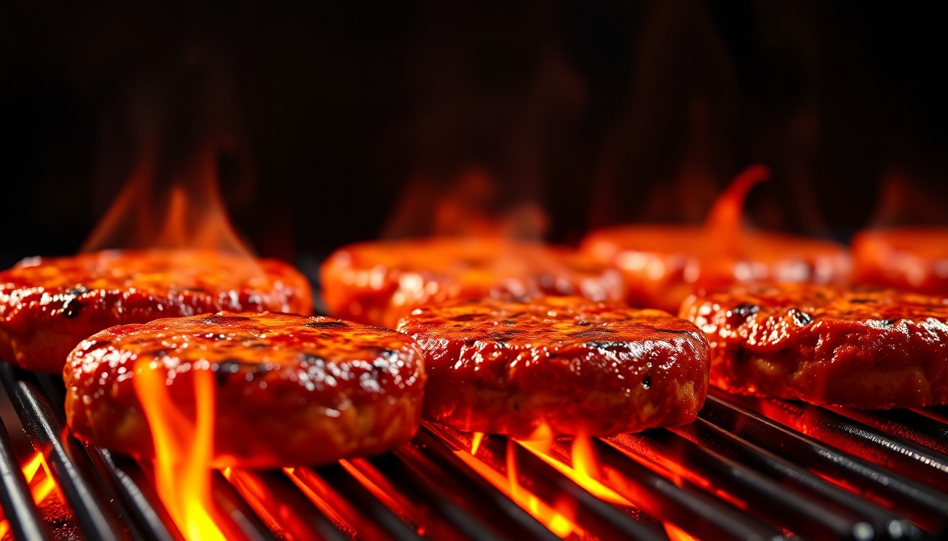 An extreme close-up photograph of sizzling burger patties on a hot grill, with dramatic high-contrast studio lighting creating a glitzy, high-fashion aesthetic.