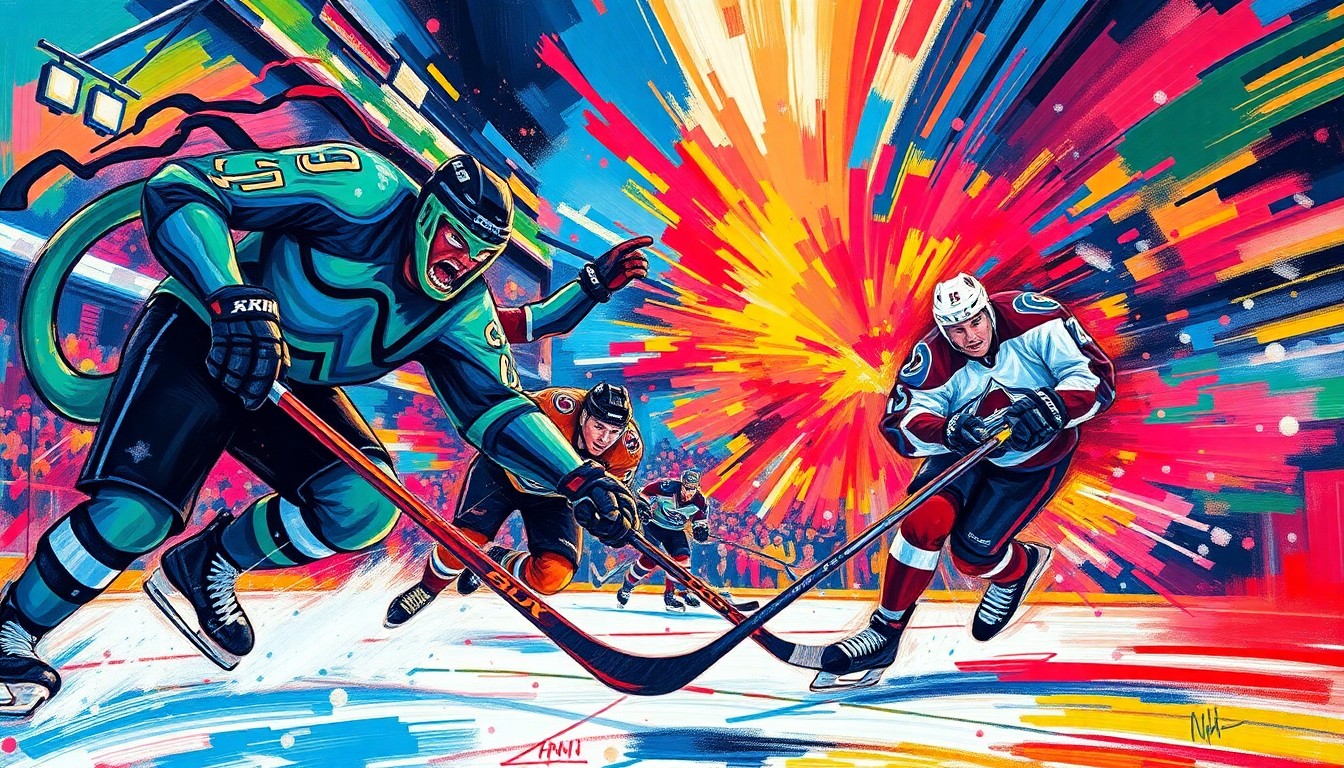 A vibrant, expressionist painting depicting the intense action and energy of an NHL hockey game, with players' movements and the puck blending into a neon-colored abstract composition.