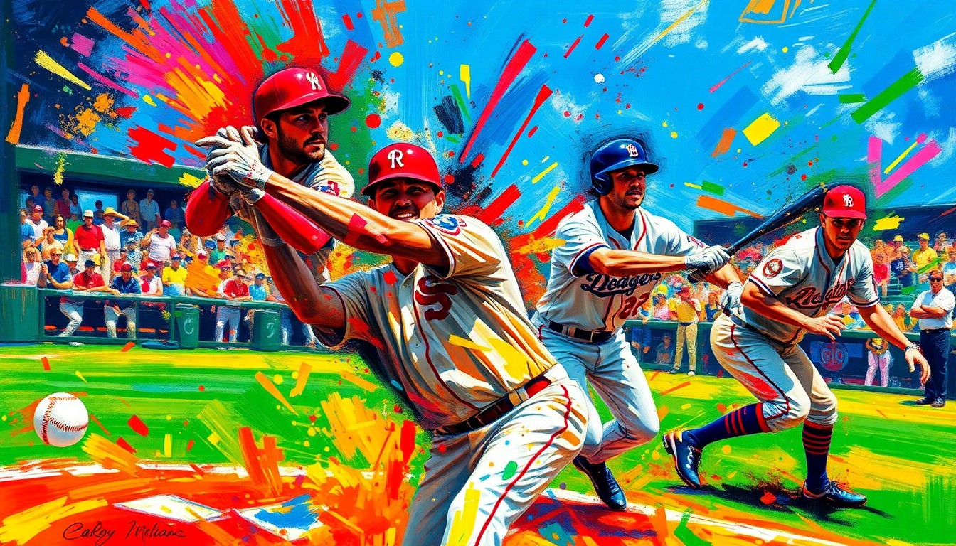 An abstract, expressionist painting featuring vibrant brushstrokes of neon colors, capturing the dynamic energy and movement of a baseball game without any identifiable players or teams.