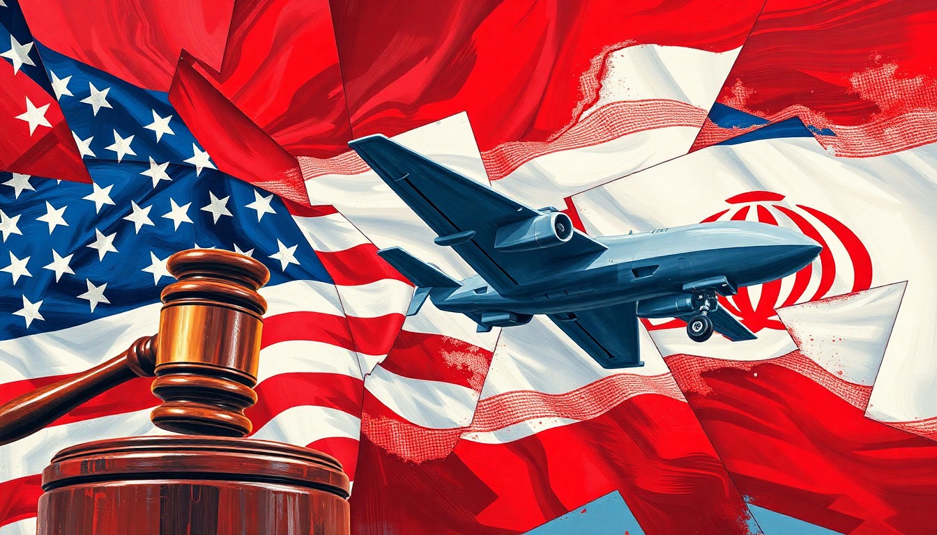 A dynamic, abstract painting featuring overlapping, fractured geometric shapes in red, white, and blue, representing the political conflict over the Iran war.