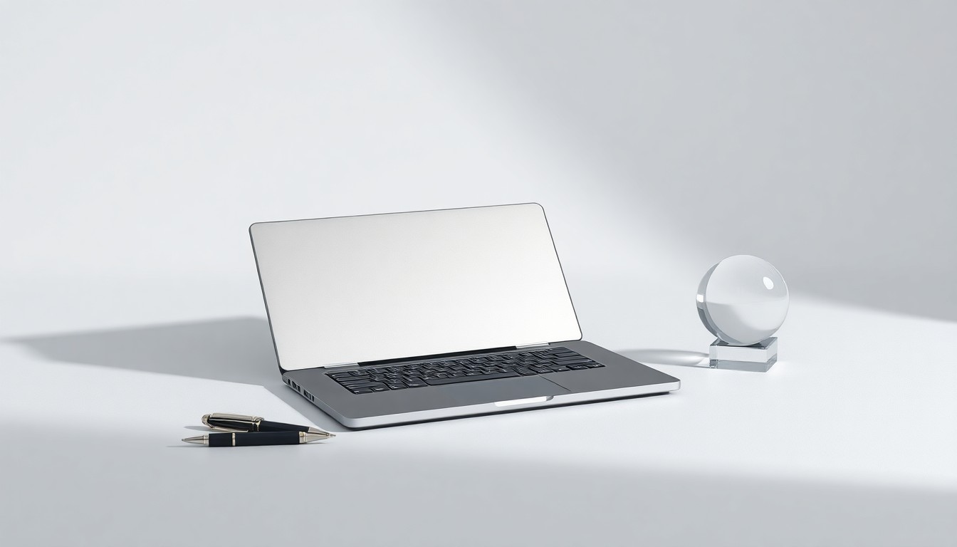 A minimalist studio photograph featuring a collection of premium business objects like a laptop, pen, and paperweight arranged elegantly on a clean, monochromatic background, conceptually representing OraSure's corporate strategy and innovation.