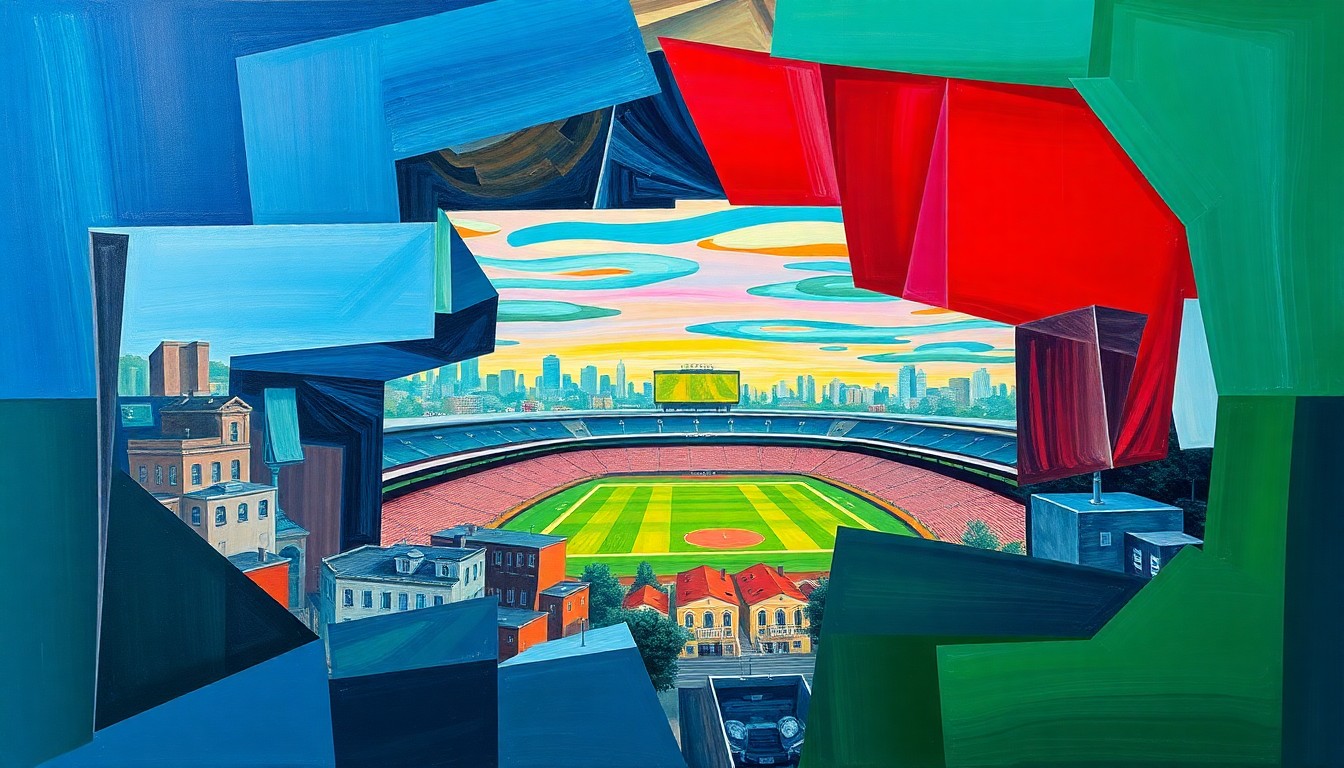 A cubist, geometric painting depicting the Lumen Field stadium and surrounding Pioneer Square neighborhood, with sharp, overlapping planes of color representing the energy and anticipation surrounding the 2026 World Cup.