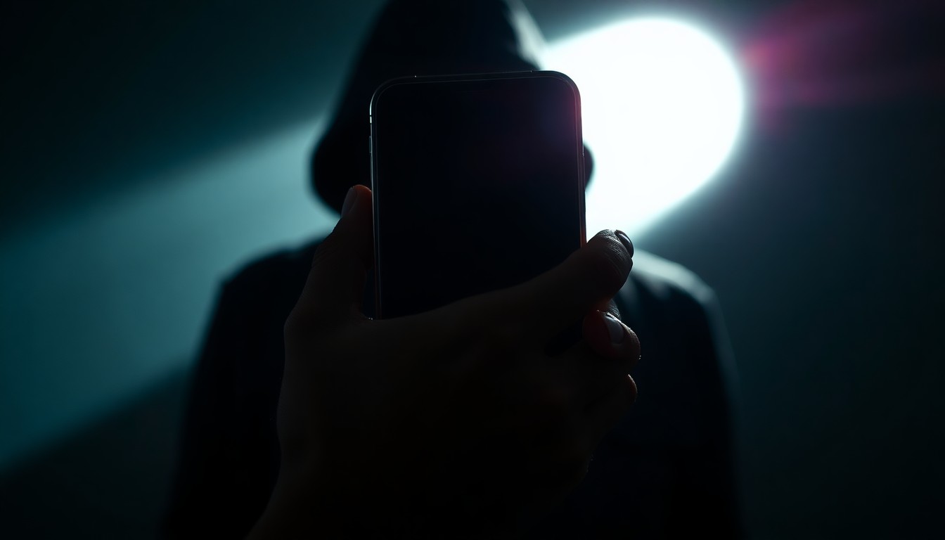 An extreme close-up photograph of a woman's hand clutching a phone, the screen reflecting a shadowy figure in the background, creating a stark, gritty, investigative aesthetic.