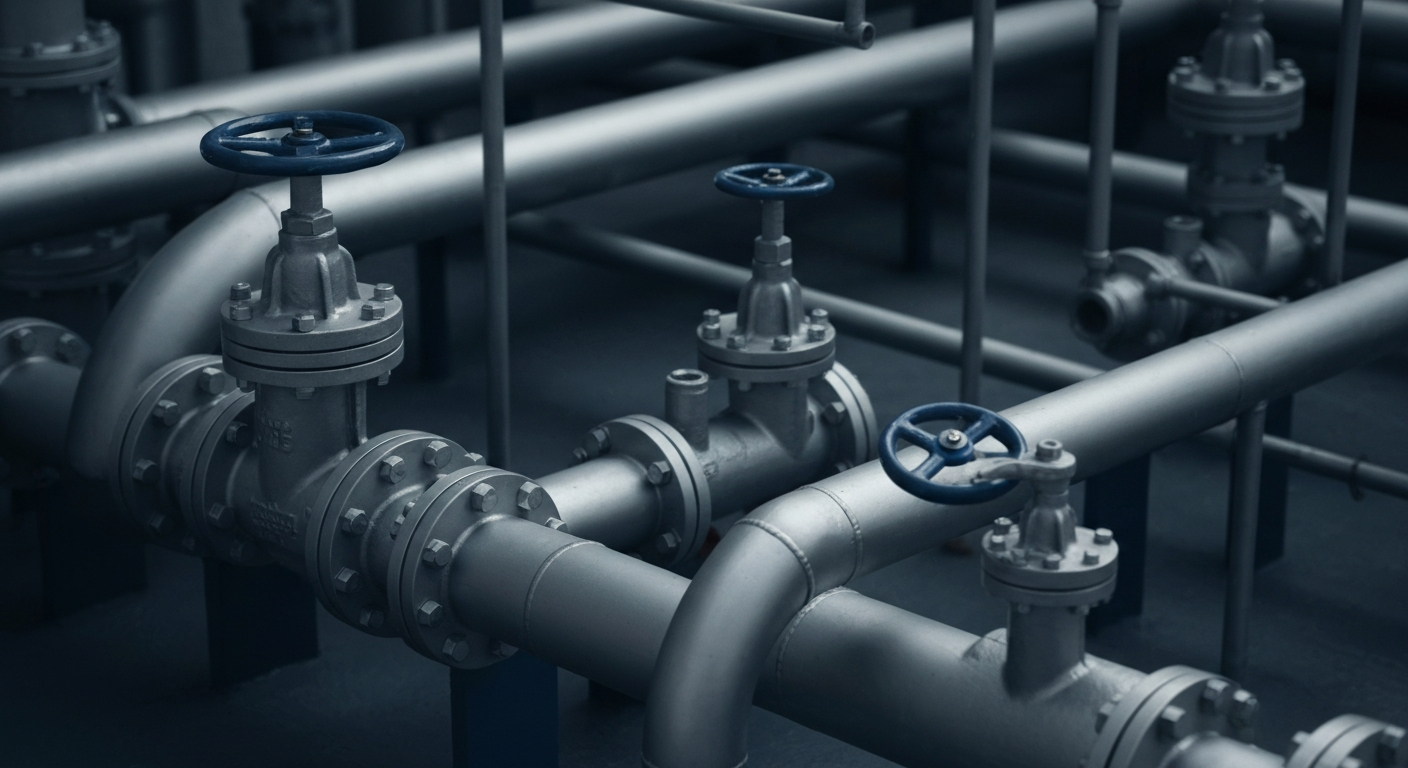 A highly detailed, black and white close-up image of the intricate pipes, valves, and industrial components that make up the physical infrastructure of a water utility company, conveying the importance of this unseen but vital system.